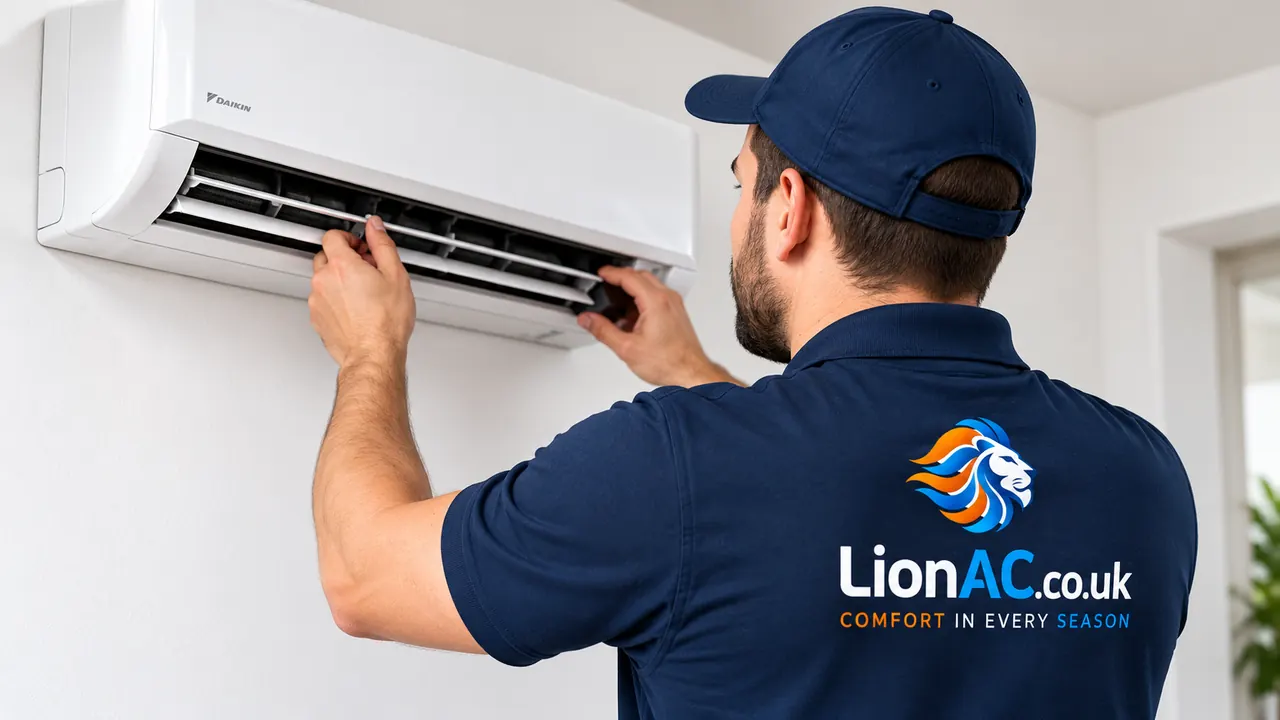 LionAC engineer in branded uniform servicing a wall-mounted Daikin air conditioning unit